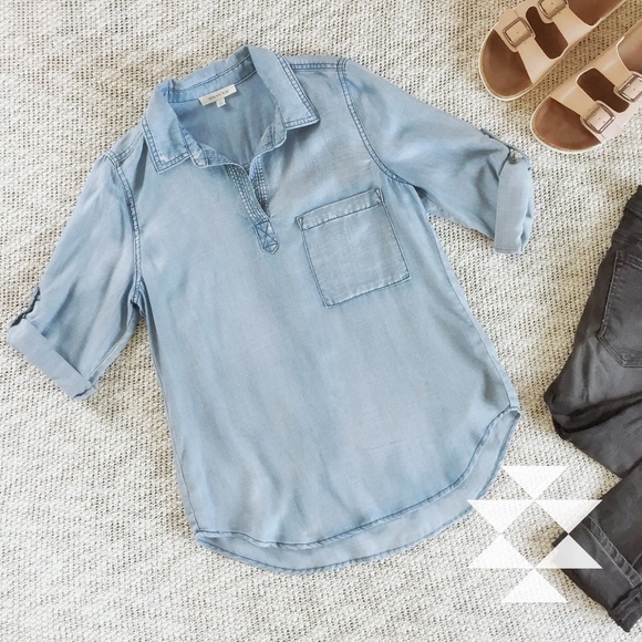 Skies Are Blue Tops - Chambray 3/4 Sleeve Tunic Long Shirt Size SP